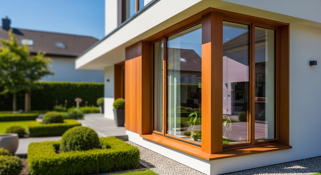 Weergave van een huis met houten ramen